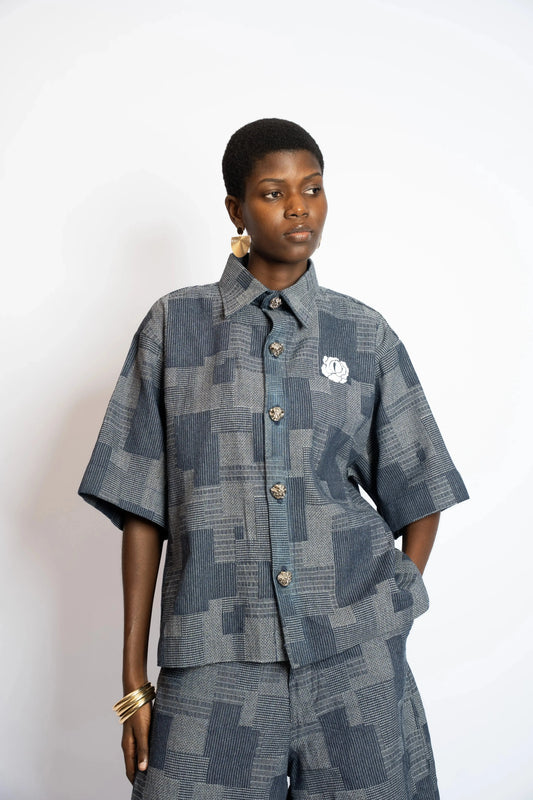 Shirt Crop Patchwork Woven Denim Blue rosyneclub