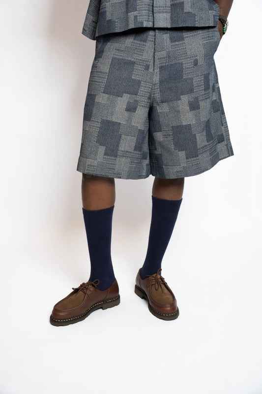 Short Patchwork Woven Denim Blue rosyneclub