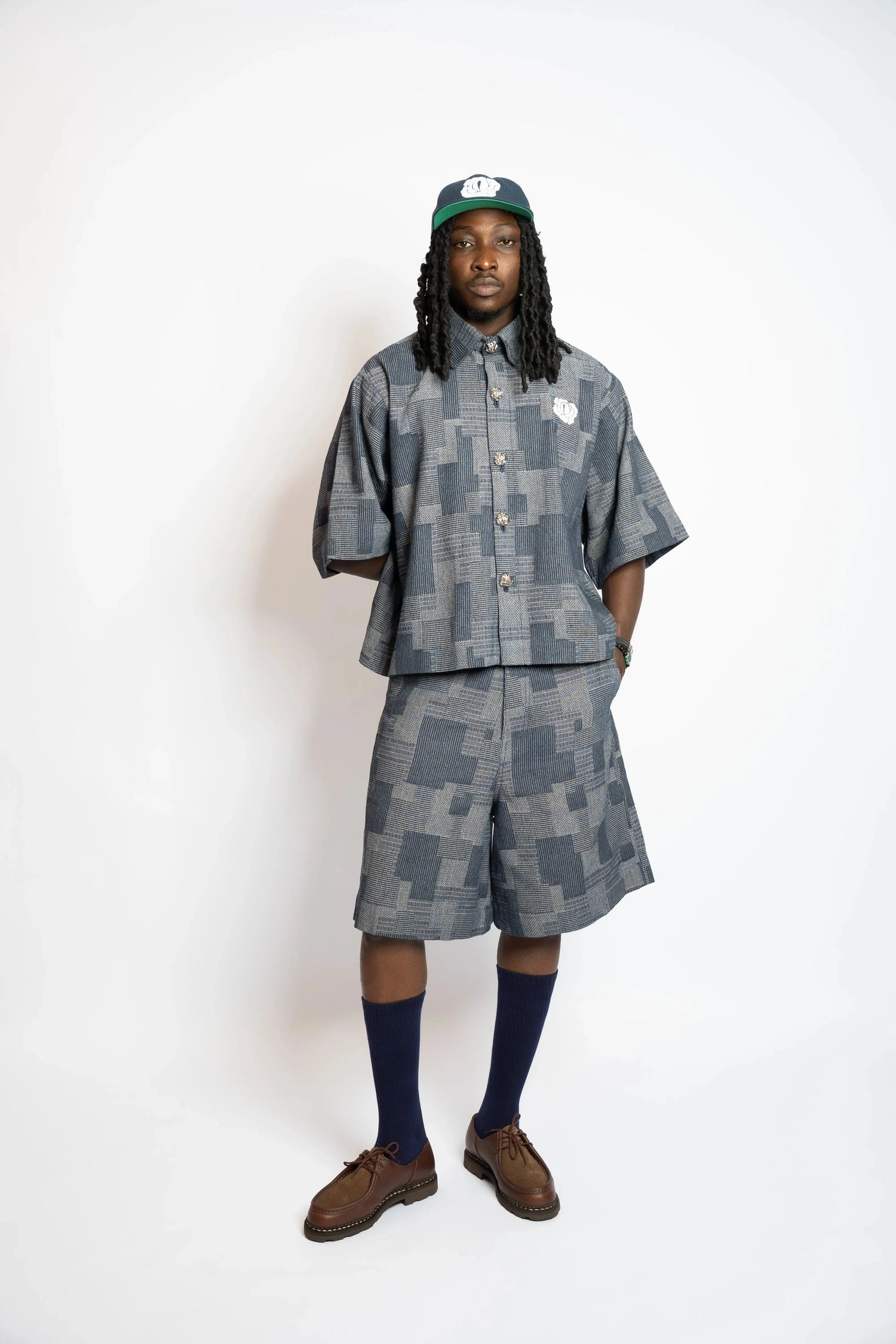 Short Patchwork Woven Denim Blue rosyneclub