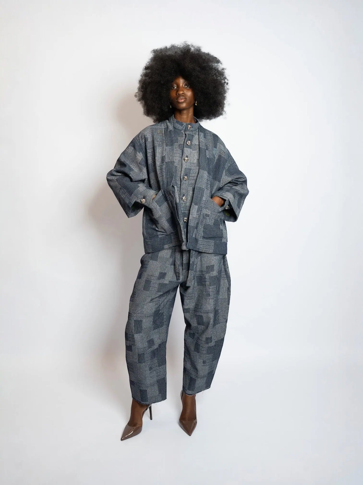 Kimono Patchwork Gewebter Denim Blau