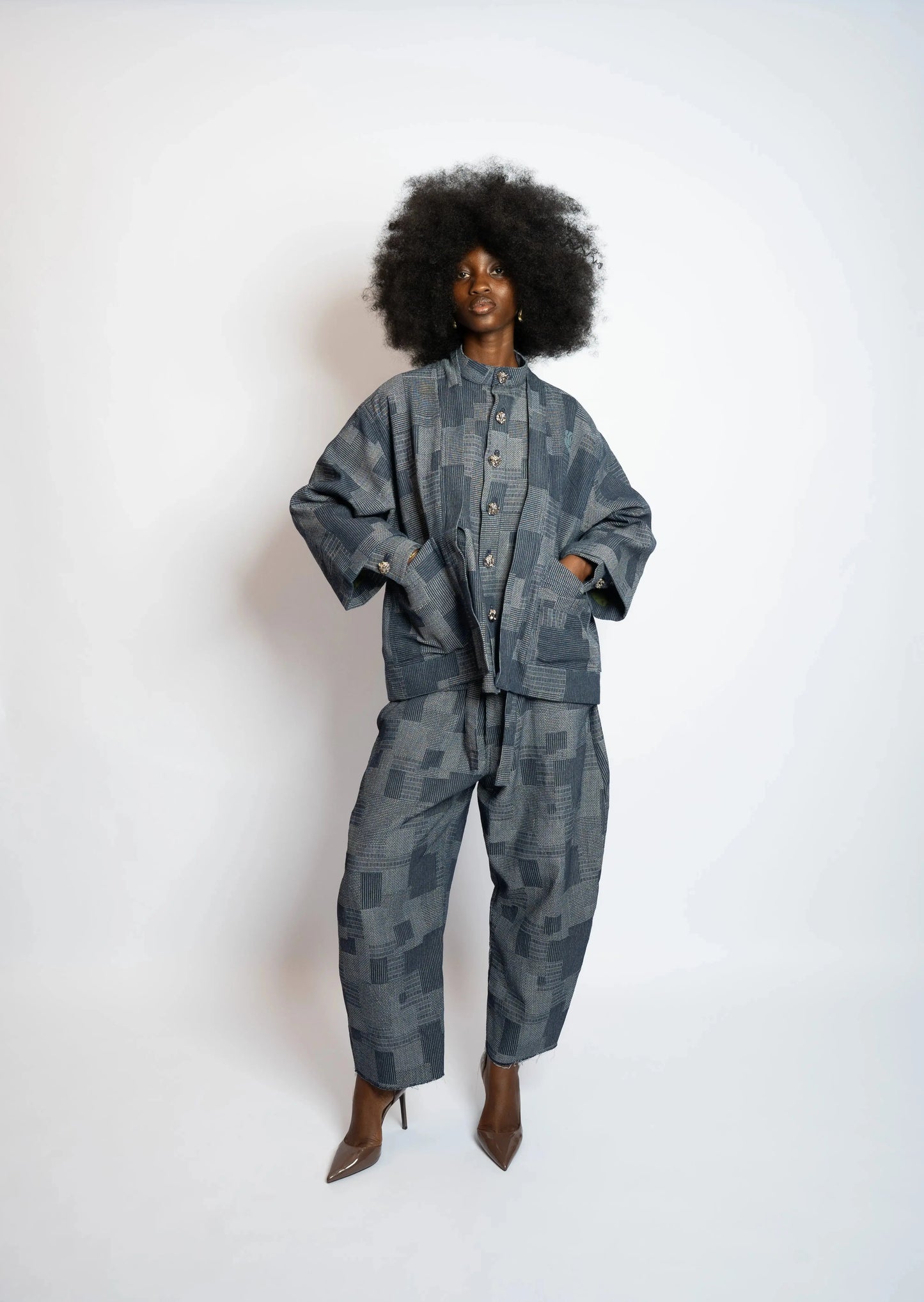 Pant Balloon 7/8 Patchwork Woven Denim Blue rosyneclub