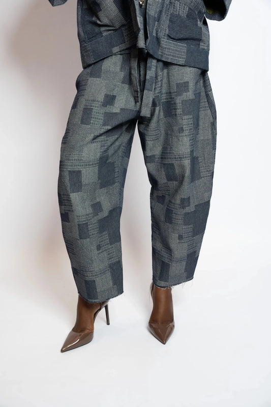 Pant Balloon 7/8 Patchwork Woven Denim Blue rosyneclub