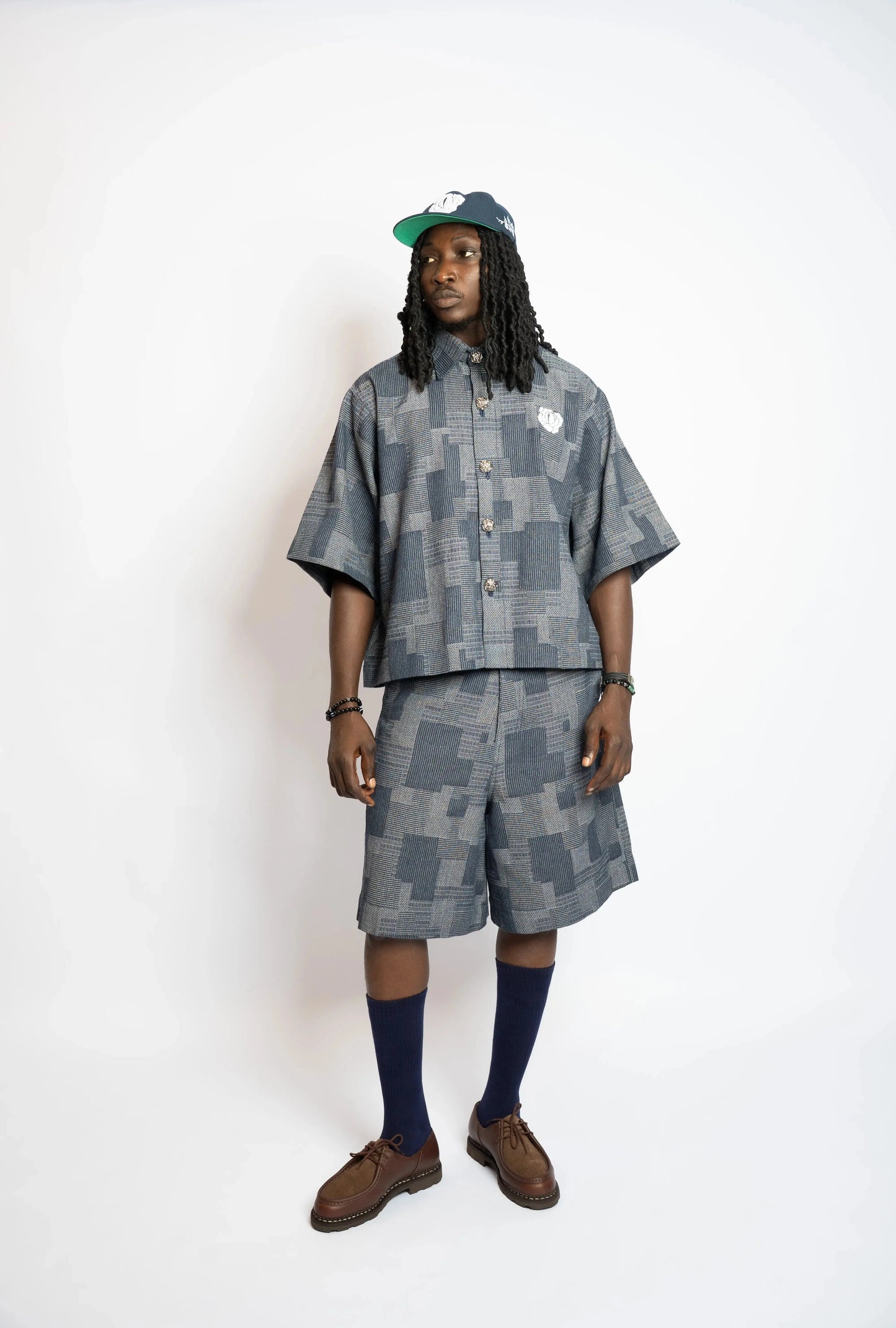 Shirt Crop Patchwork Woven Denim Blue rosyneclub