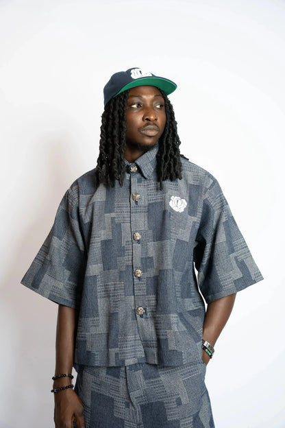 Shirt Crop Patchwork Woven Denim Blue rosyneclub