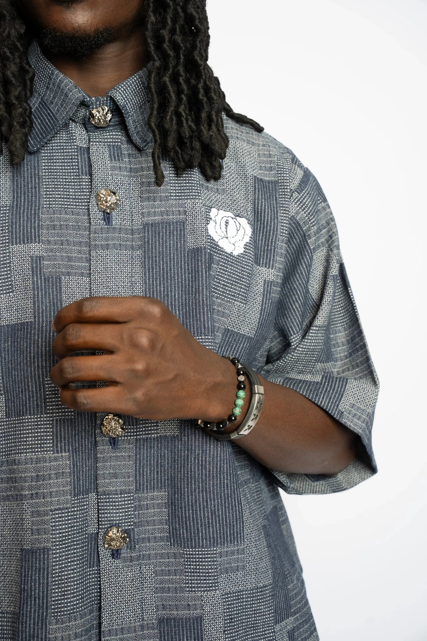 Shirt Crop Patchwork Woven Denim Blue rosyneclub