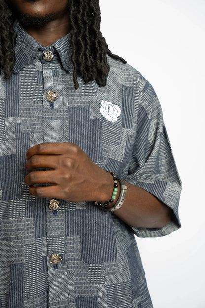 Shirt Crop Patchwork Woven Denim Blue rosyneclub