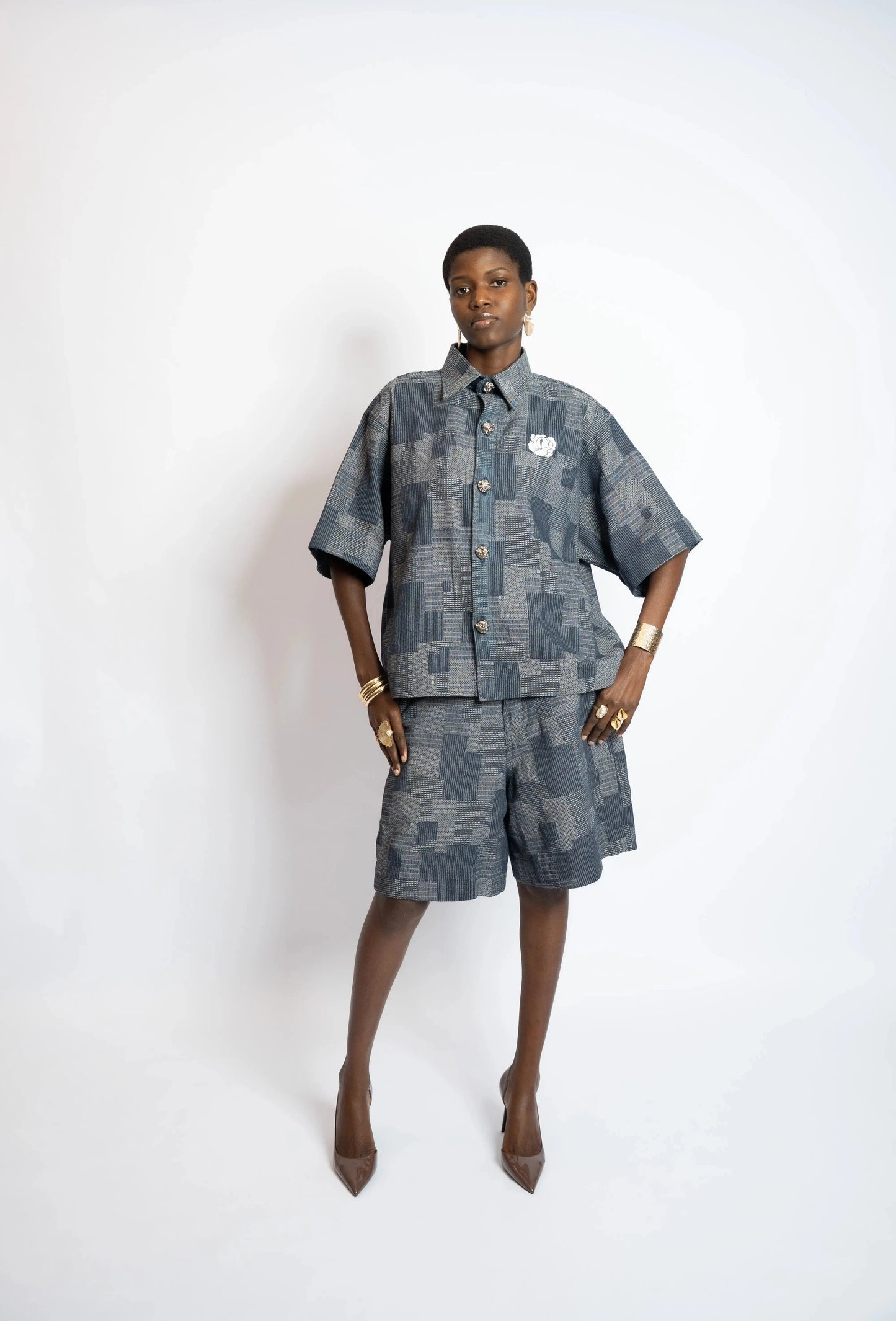 Shirt Crop Patchwork Woven Denim Blue rosyneclub