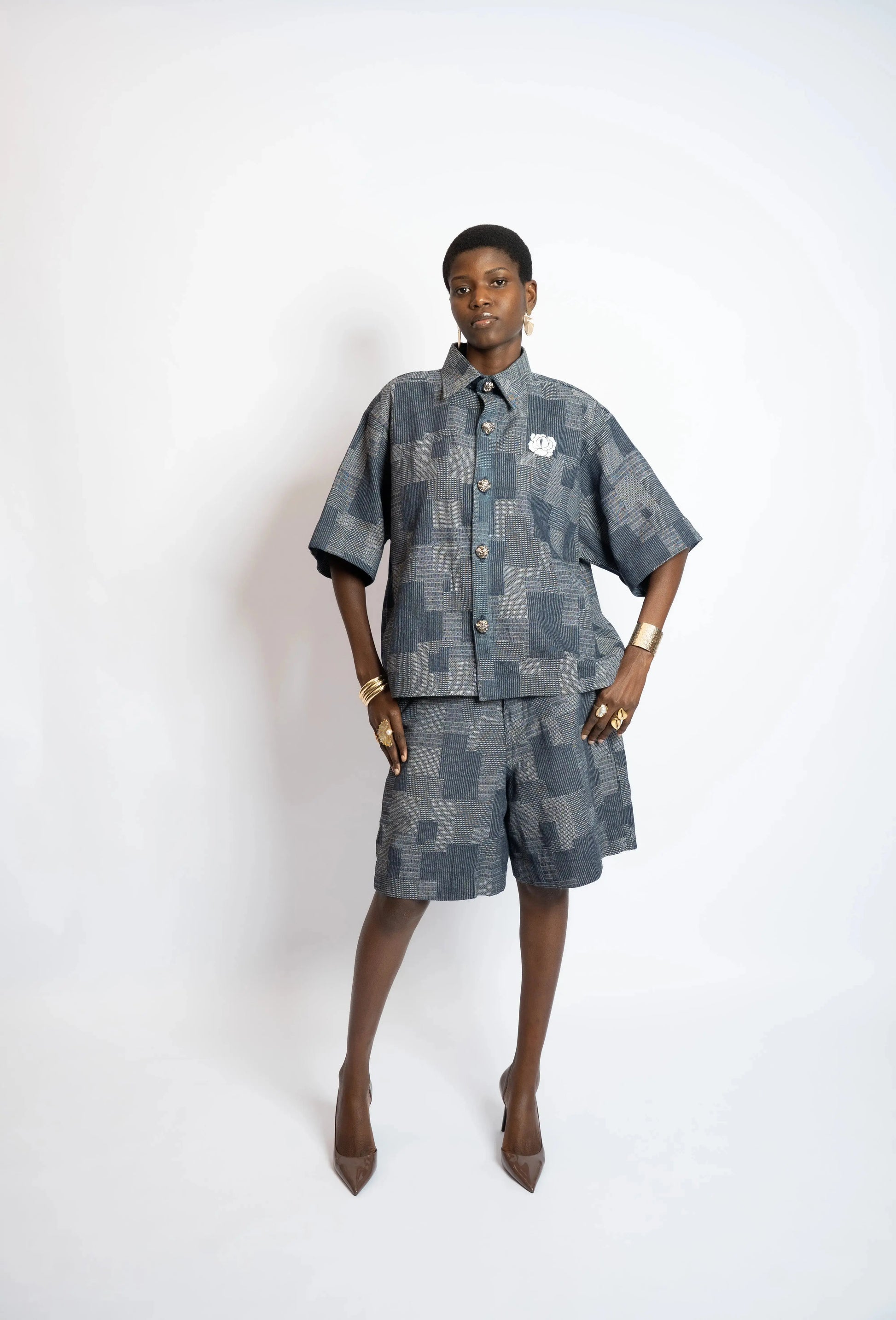 Shirt Crop Patchwork Woven Denim Blue rosyneclub