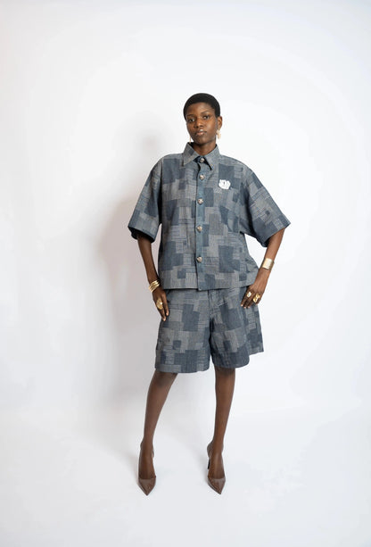Shirt Crop Patchwork Woven Denim Blue rosyneclub