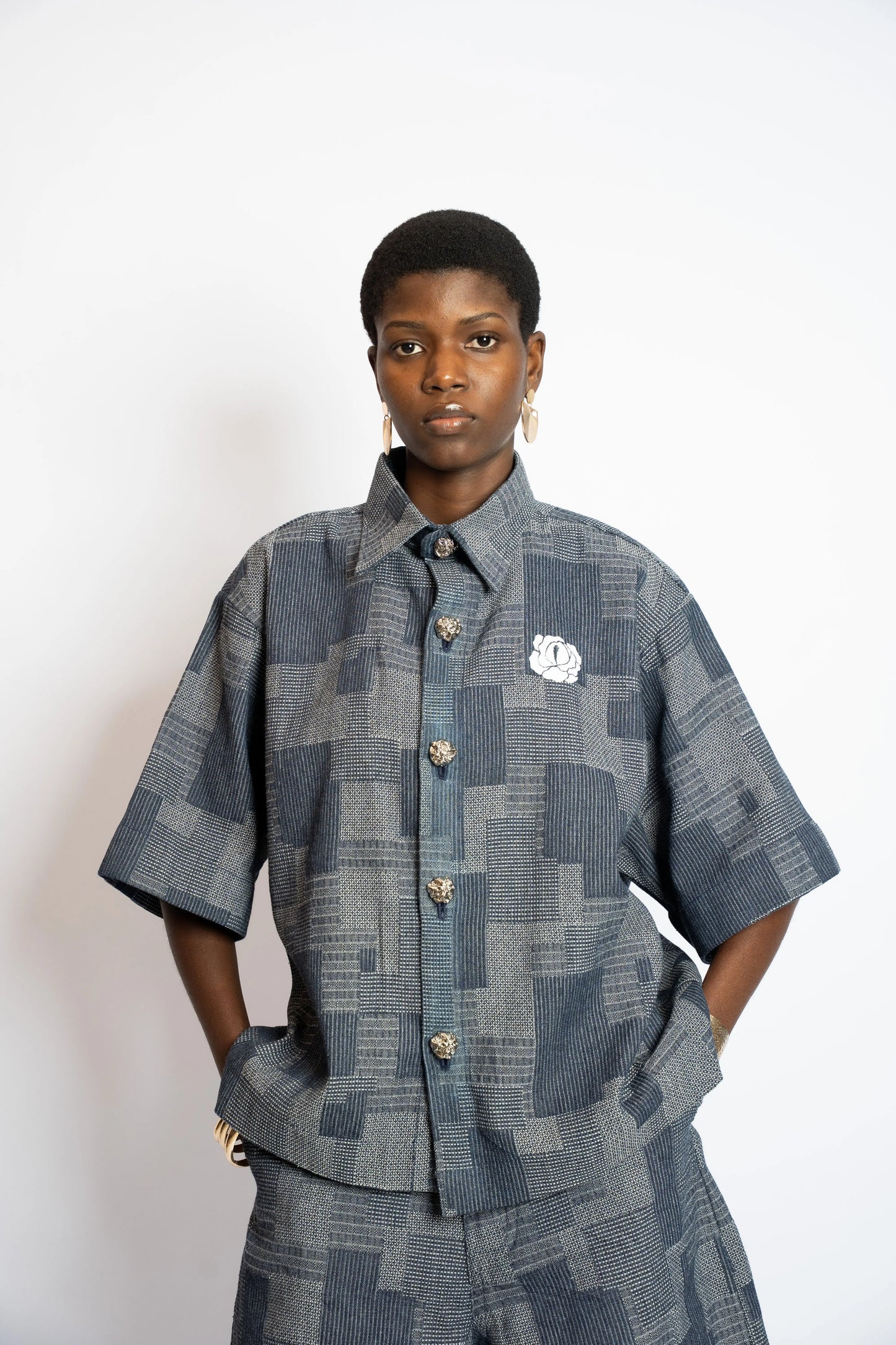Shirt Crop Patchwork Woven Denim Blue rosyneclub