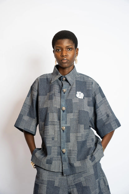 Shirt Crop Patchwork Woven Denim Blue rosyneclub