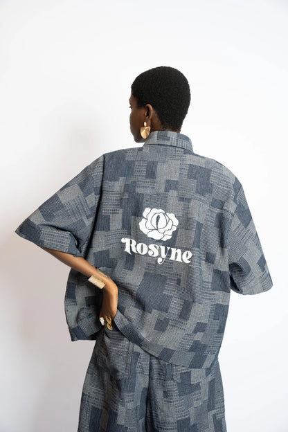Shirt Crop Patchwork Woven Denim Blue rosyneclub