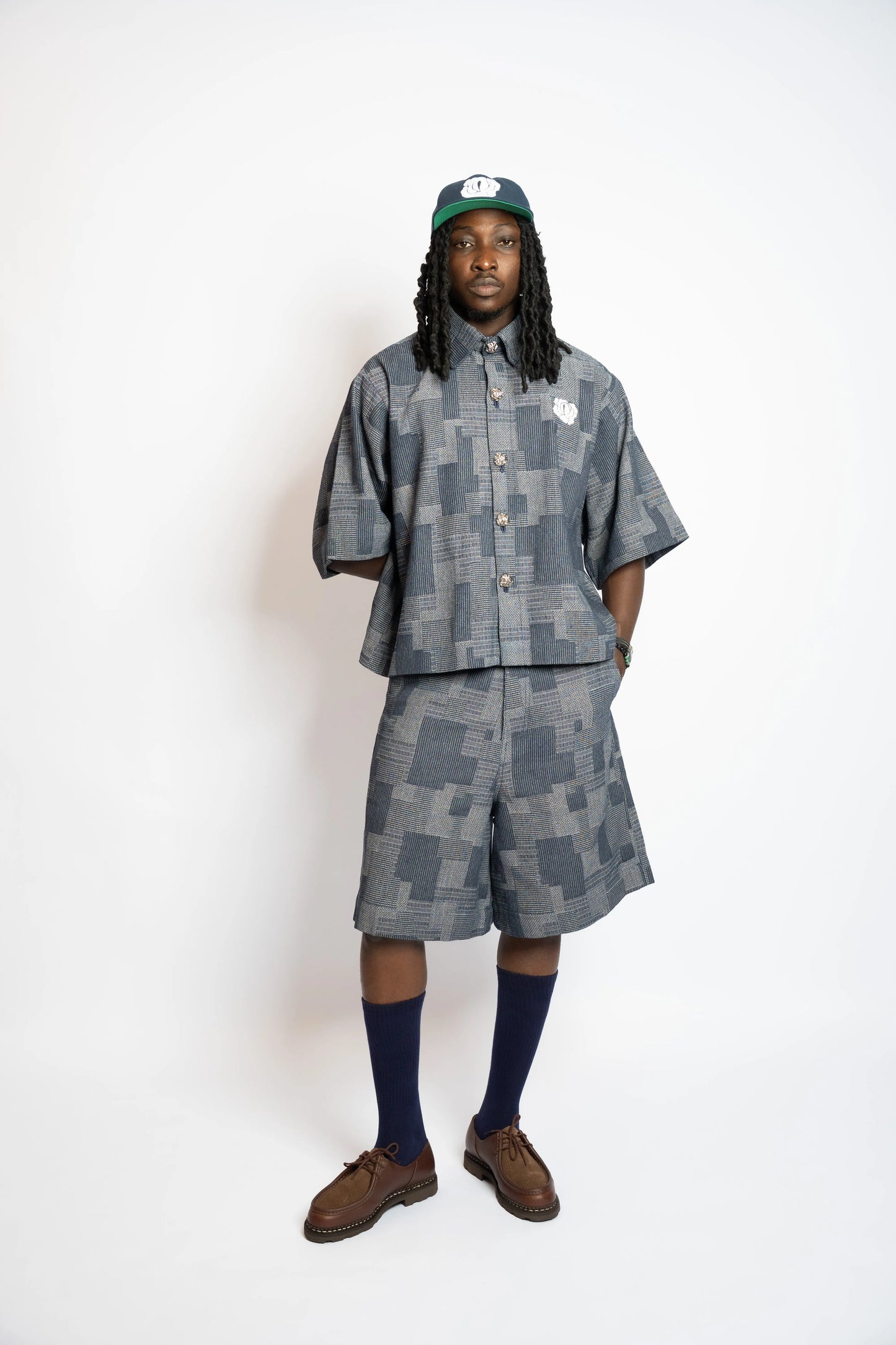 Short Patchwork Woven Denim Blue rosyneclub