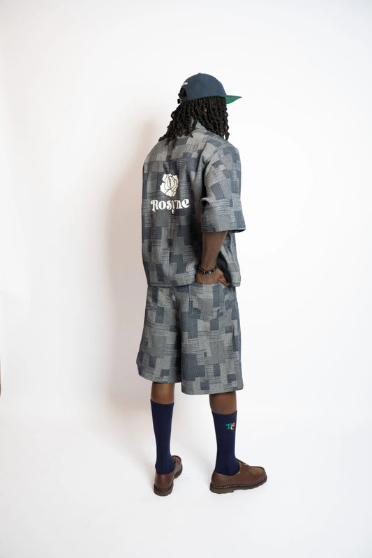 Short Patchwork Woven Denim Blue rosyneclub