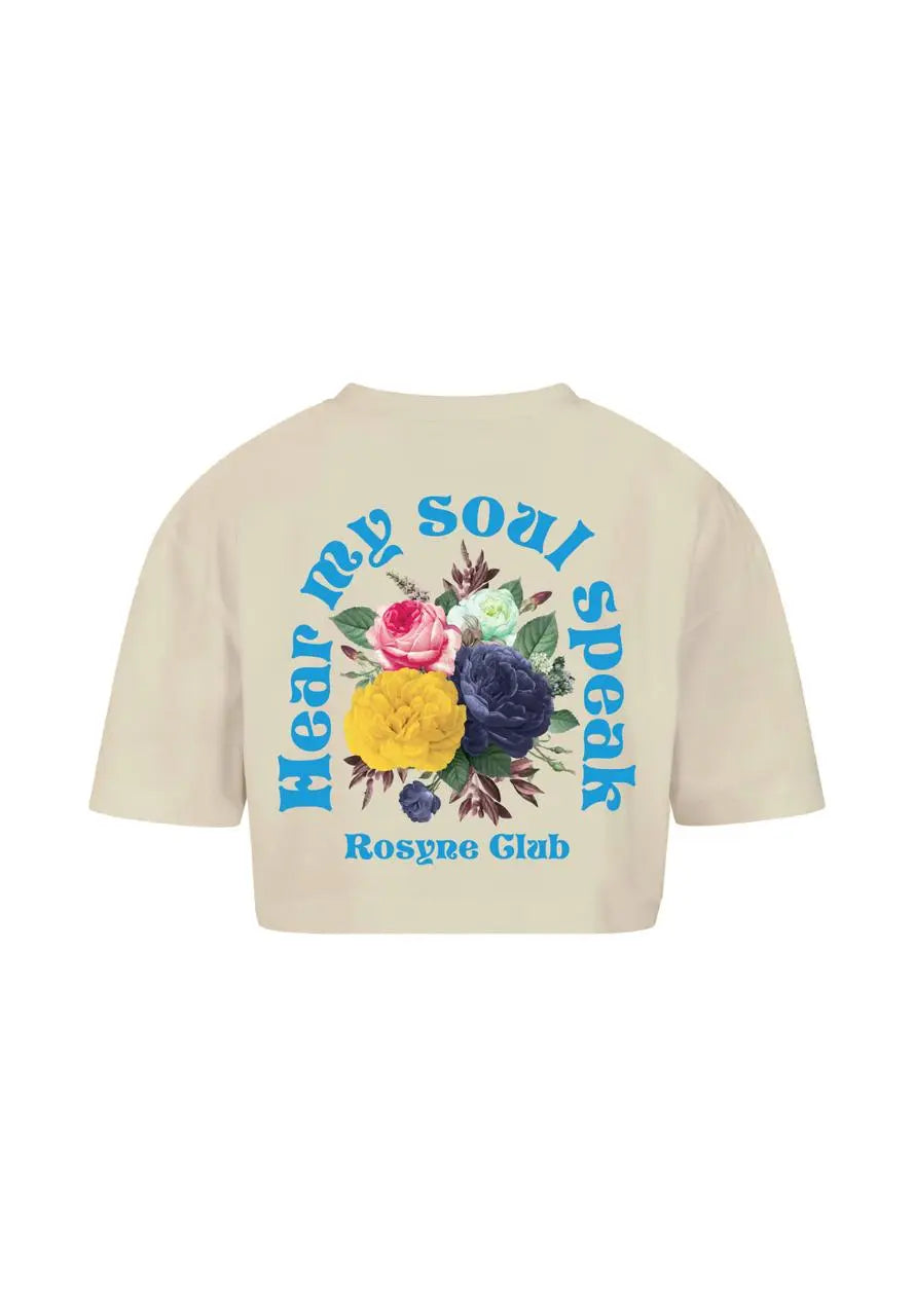 Oversized Crop Top T-shirt with Blue and Beige Flowers
