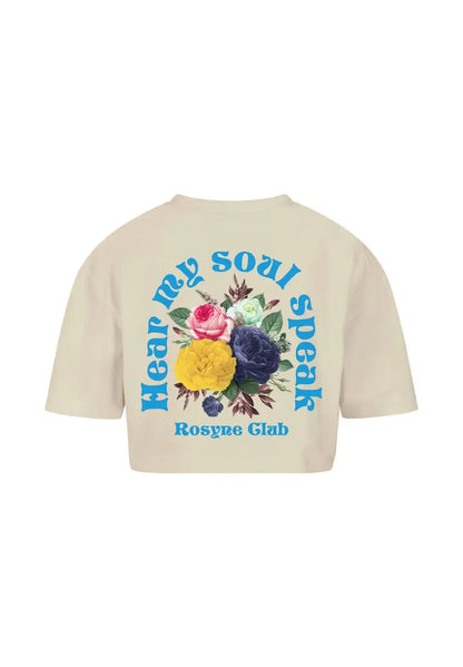 Oversized Crop Top T-shirt with Blue and Beige Flowers