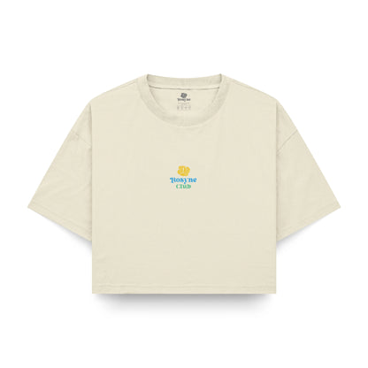 Oversized Crop Top T-shirt with Blue and Beige Flowers