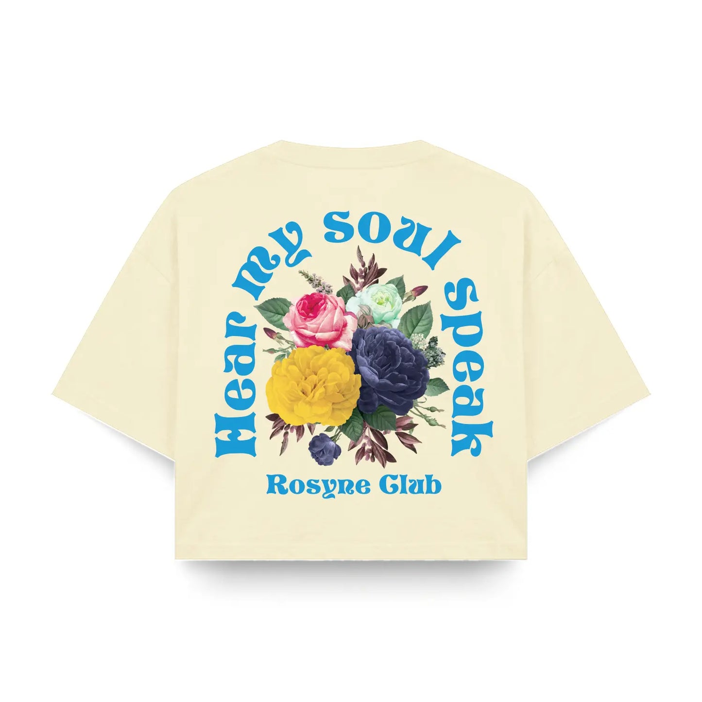 Oversized Crop Top T-shirt with Blue and Beige Flowers
