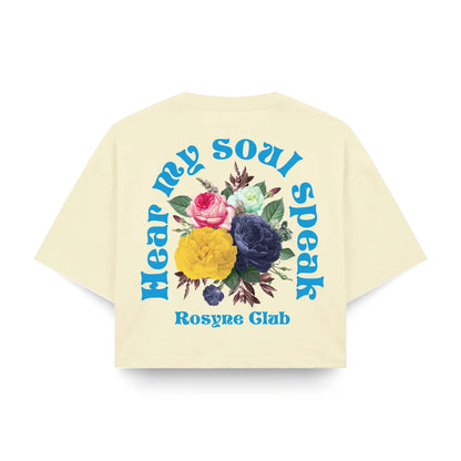Oversized Crop Top T-shirt with Blue and Beige Flowers