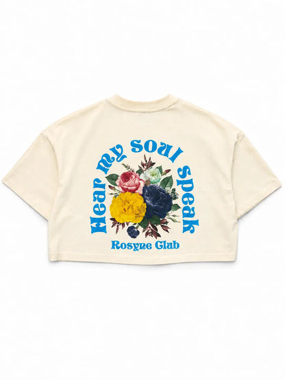 T-shirt Crop Top Oversize Flowers Blue Beige rosyneclub